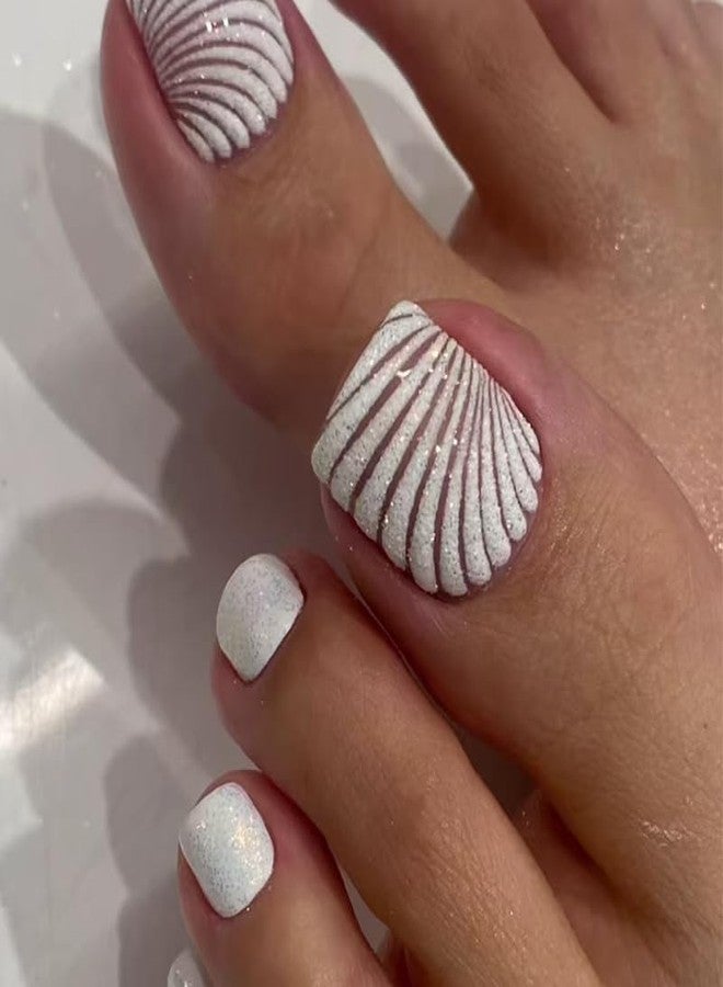 TOGZOM White Press on Toe Nails Short Square Fake Toenails Beach Sea Shell False Nails Summer Acrylic Toenails Shiny Glitter Line Artificial Toe Nails for Women Girls Manicure Nails Decoration 24Pcs - Image 1